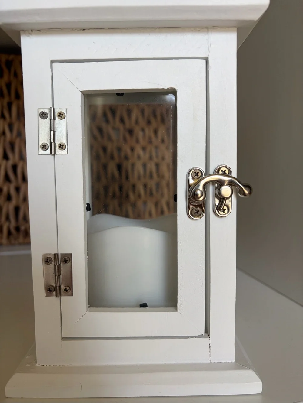White Wood & Silver Metal Lantern with Flickering Candle